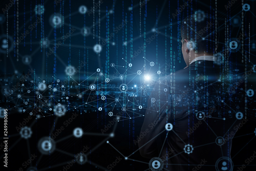 Social network system with binary codes and a businessman at the background. Social network system with binary codes and a businessman at the background.