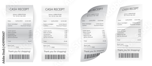 Realistic payment paper bills for cash or credit card. Paper check and financial check isolated.