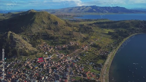 Aerial view of the lake Titikaka and town Copacobana. Bolivia photo