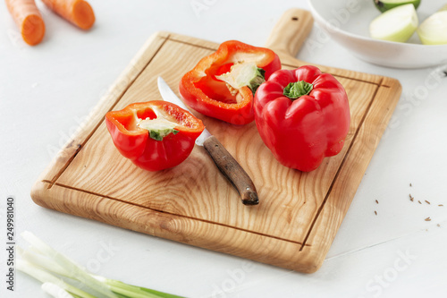 Cutting board knife fresh red pepper