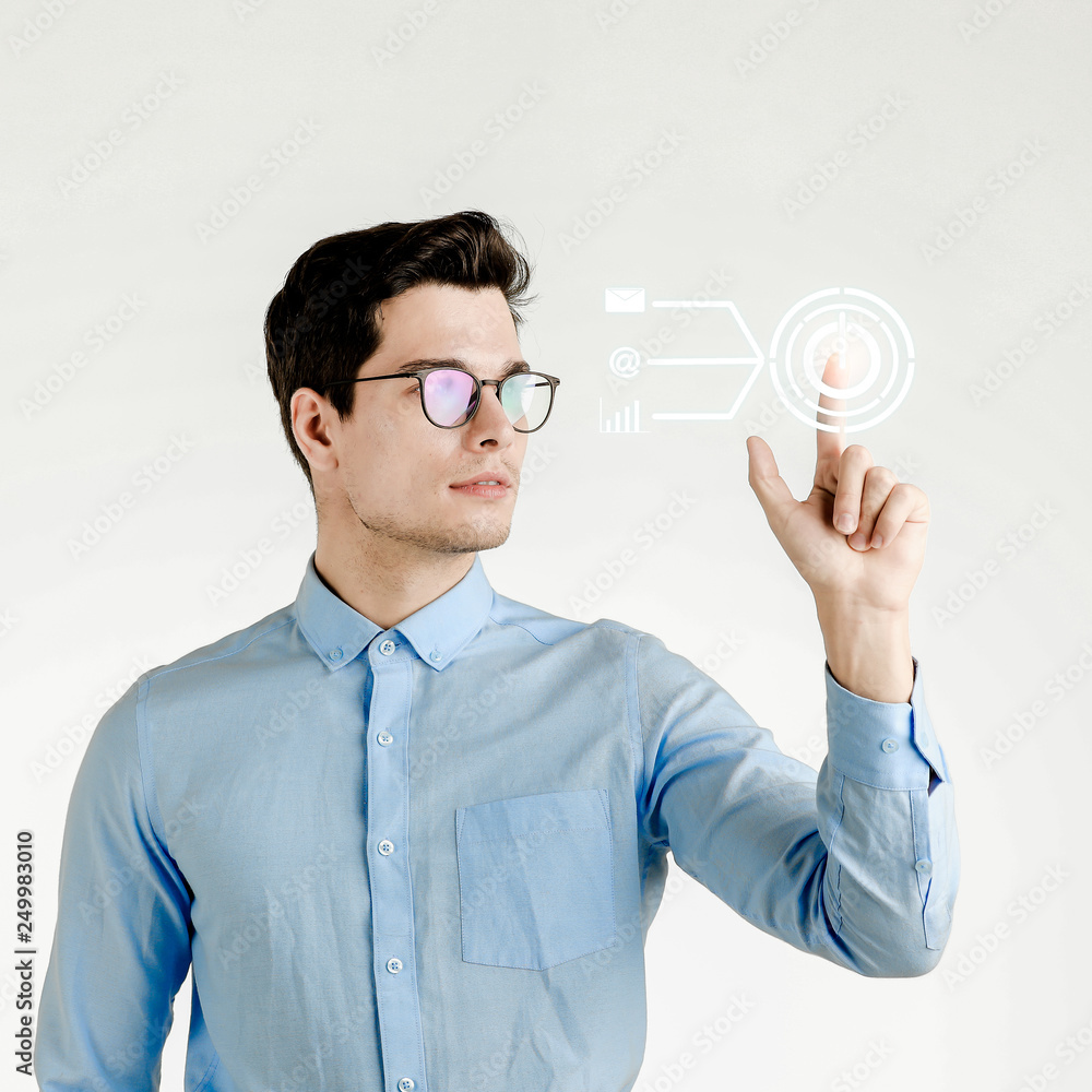 Handsome man pointing finger up. Handsome man pointing finger up.