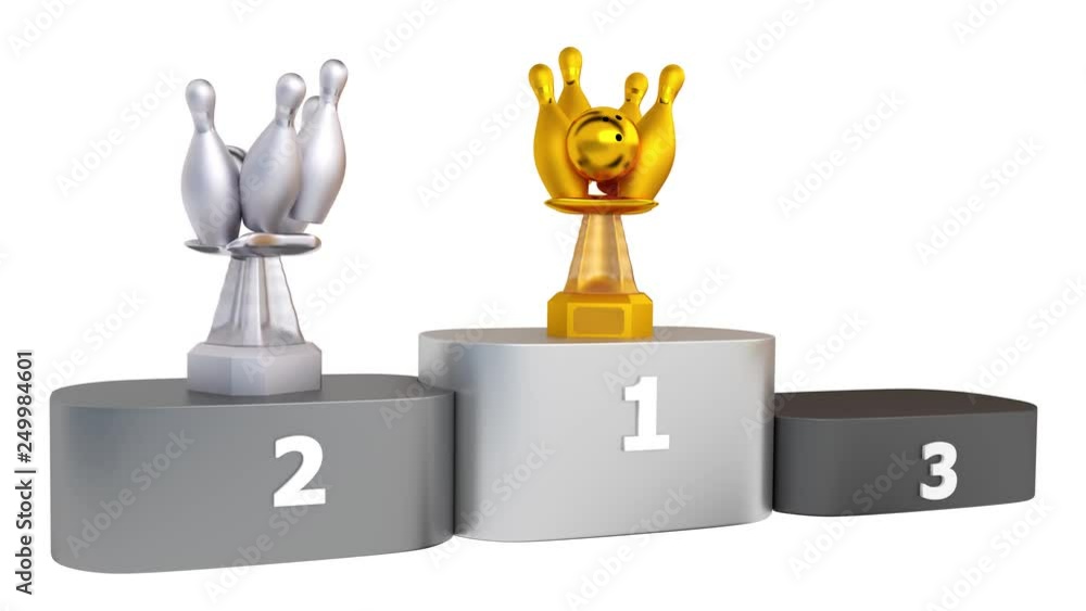 View of Bowling Gold Silver and Bronze Trophies appear on Podium View of Bowling Gold Silver and Bronze Trophies appear on Podium