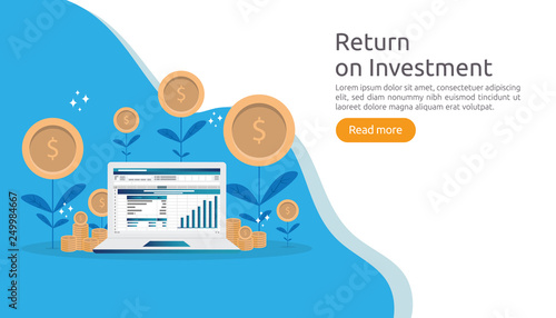 return investment ROI or growth business finance concept. increase profit stretching rising up. flat style vector illustration of market data analytics, strategic management, financial planning.