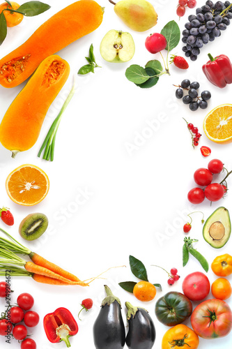 Various vegetables and fruits isolated on white background, top view, flat layout. Concept of healthy eating, food background. Frame of vegetables with space for text.