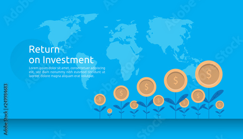 return investment ROI or growth business finance concept. increase profit stretching rising up. flat style vector illustration of market data analytics, strategic management, financial planning.