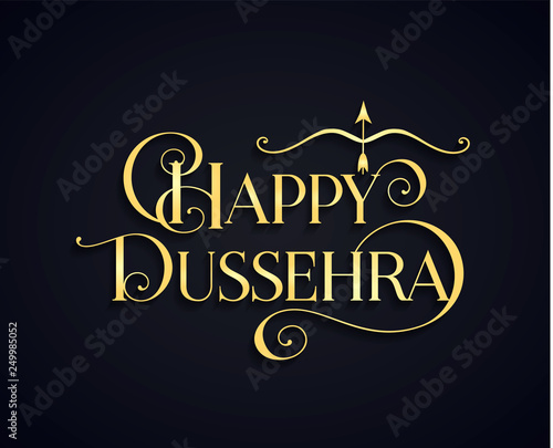 Golden text calligraphic inscription Happy Dussehra festival Indian with bow and arrow with a shadow on a dark blue background. Vector illustration.