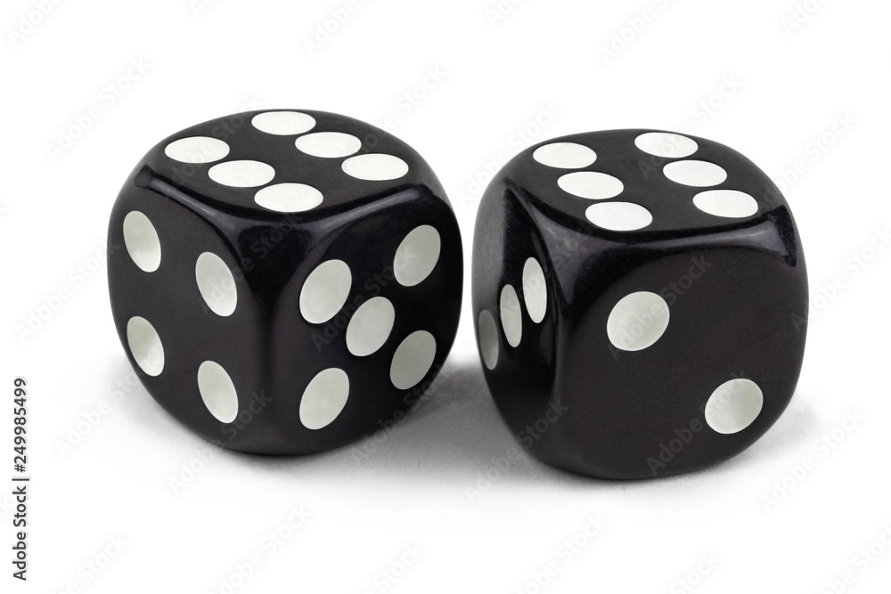 Two black dice isolated on a white background. Six and six are so close. Two black dice isolated on a white background. Six and six are so close.