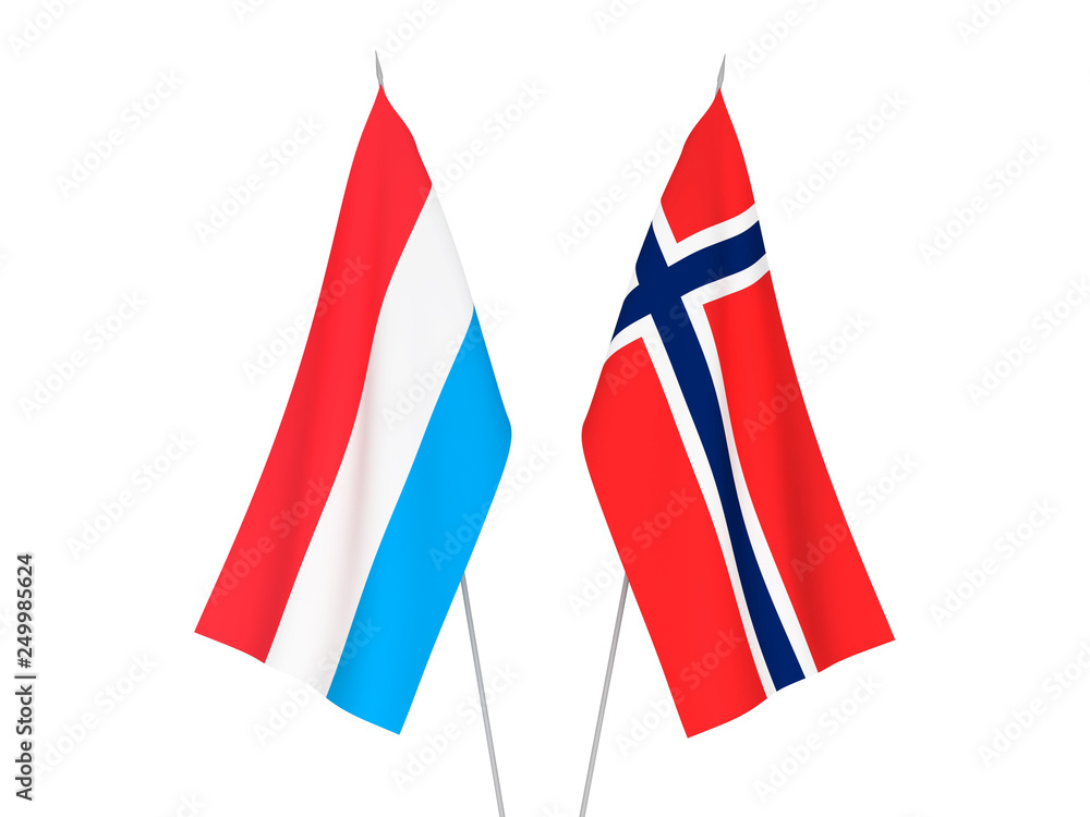 National fabric flags of Norway and Luxembourg isolated on white background. 3d rendering illustration.
