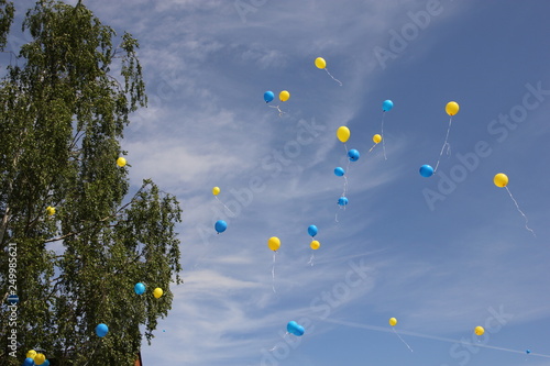 Blue and yellow balloons in the sky. Celebrations of Swedens national day June 6th