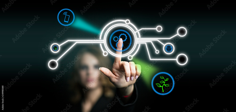 Obraz premium Businesswoman pointing his finger touch virtual icon. Modern digital world concept