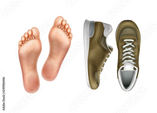 Vector illustration of left and right foot soles for footwear, pair of sport shoes isolated on background