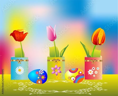  composition with flowers and Easter eggs for the Easter holiday