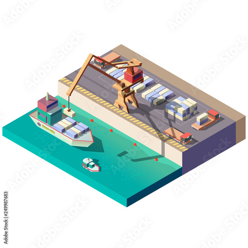 Sea port isometric vector icon with handling gantry crane on quay loading, unloading shipping container on cargo ship, trucks transporting freights from dock illustration isolated on white background