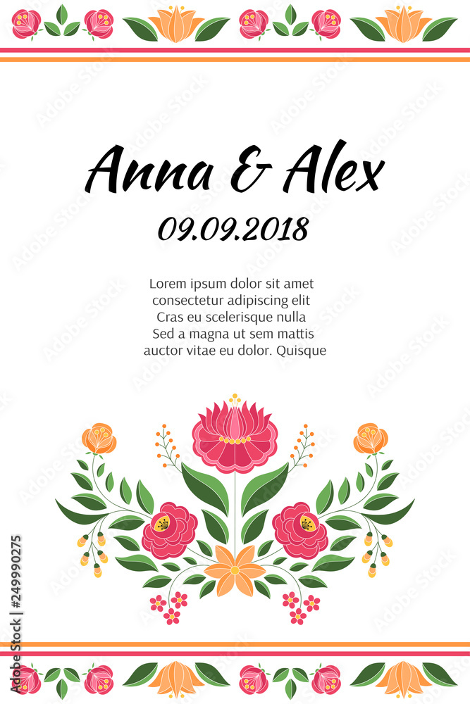 Vintage flowers wedding save the date card template vector. Hungarian folk pattern. Kalocsa embroidery floral ethnic ornament. Background for summer marriage invitation, birthday party.