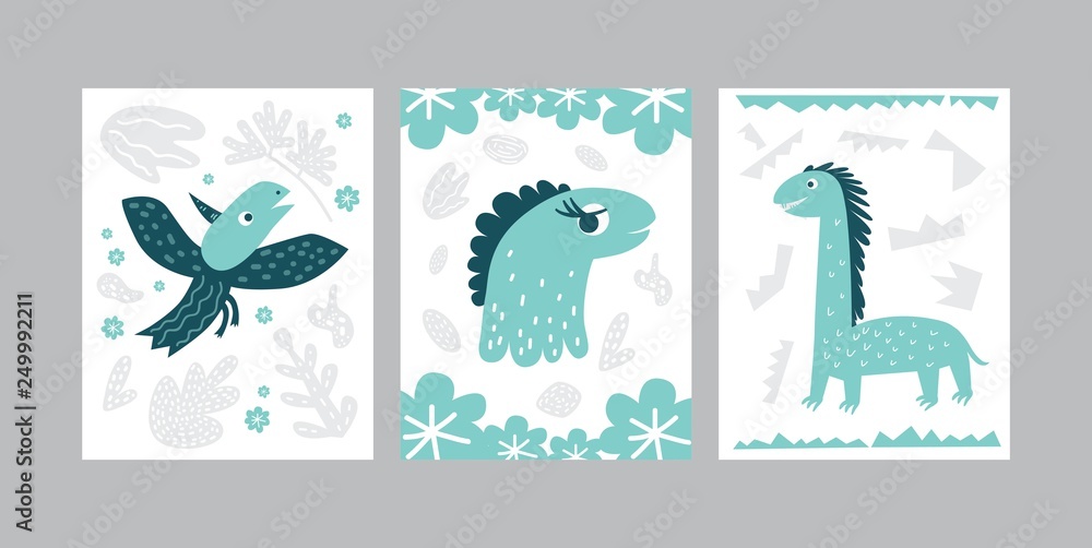 Cards or posters set with dinosaur illustration in cartoon style