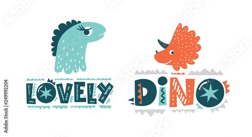 Dinosaurs cute vector illustration in flat cartoon style. Dino and Lovely hand drawn lettering