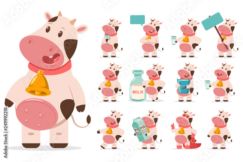 Cute cows with gold bell, milk, speech bubble, blank board, in superhero costume. Vector funny flat cartoon farm animals characters set isolated on white background.