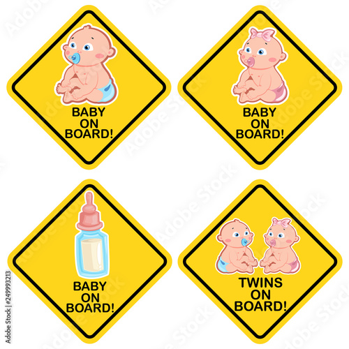 Baby on board warning yellow sign set. Car sticker. Vector cartoon illustration of a little girl, boy, twins and milk bottle with pacifier isolated on a background.
