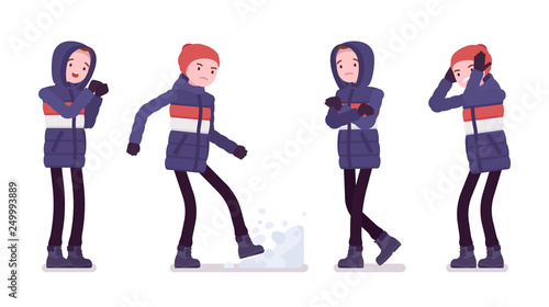 Young man in striped down jacket, negative emotions, wearing soft warm winter clothes, classic snow boots, hat. Men outfit concept. Vector flat style cartoon illustration isolated, white background