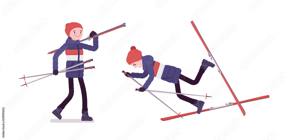 Young man in striped down jacket holding skis, falling off in wrong technique, sport leisure activity, skiing wearing winter clothes. Vector flat style cartoon illustration isolated, white background Young man in striped down jacket holding skis, falling off in wrong technique, sport leisure activity, skiing wearing winter clothes. Vector flat style cartoon illustration isolated, white background