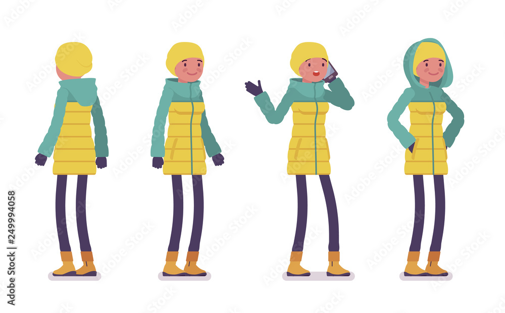 Young woman in bright down jacket standing with phone, wearing soft warm winter clothes, classic snow boots. Women outfit concept. Vector flat style cartoon illustration isolated, white background