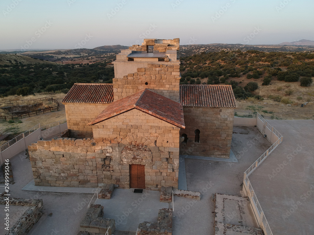 Aerial view with drone on the Church of Santa María de Melque located in Toledo Spain