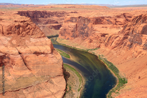Colorado River view from Horseshoe Bend. It is located at Page, Arizona, USA. It is a horseshoe-shaped incised meander of the Page, Arizona, USA. 