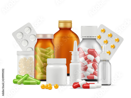 Medical bottles and pills. Medications aspirin antibiotic drugs tablets vector realistic health care concept. Illustration of antibiotic pharmaceutical, pill and tablet, vitamin and aspirin