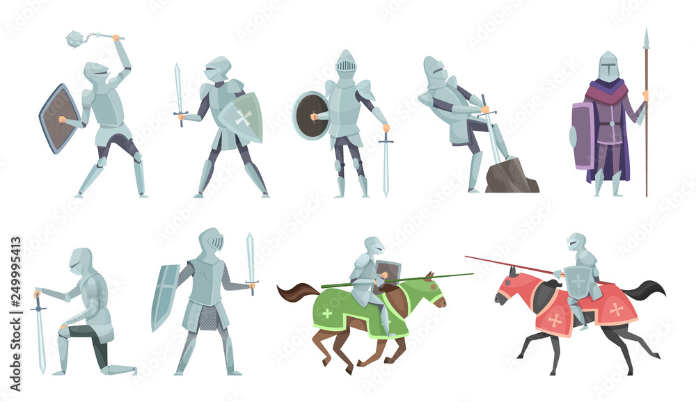 Naklejka premium Knight. Chivalry prince medieval fighters brutal warriors on horse battle vector cartoon illustrations. Templar and equestrian, royal mediaeval horseman