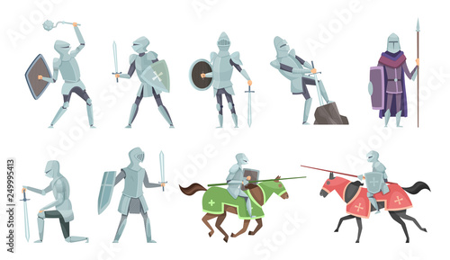 Knight. Chivalry prince medieval fighters brutal warriors on horse battle vector cartoon illustrations. Templar and equestrian, royal mediaeval horseman