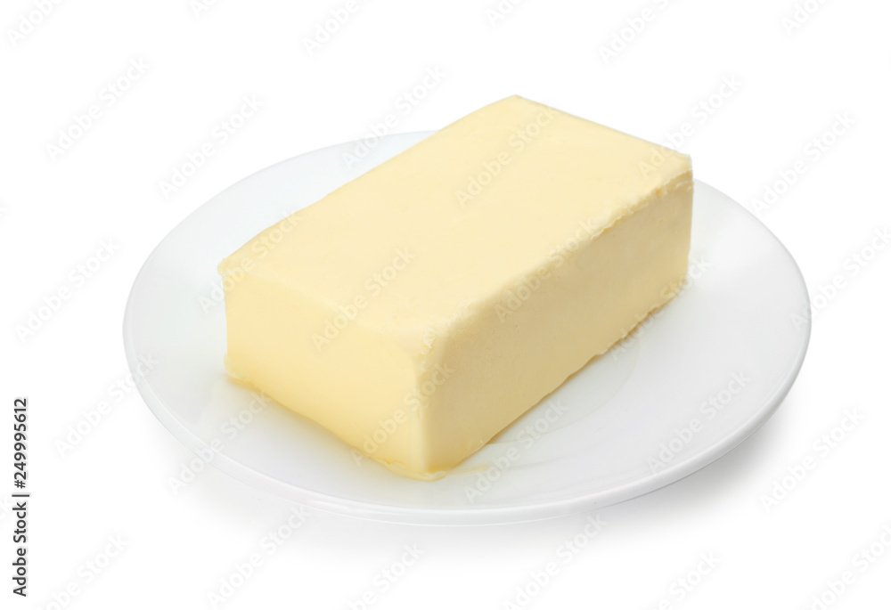 Plate with butter on white background