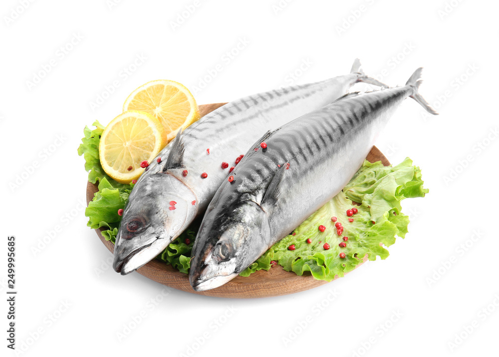 Wooden plate with tasty raw mackerel fish on white background Wooden plate with tasty raw mackerel fish on white background