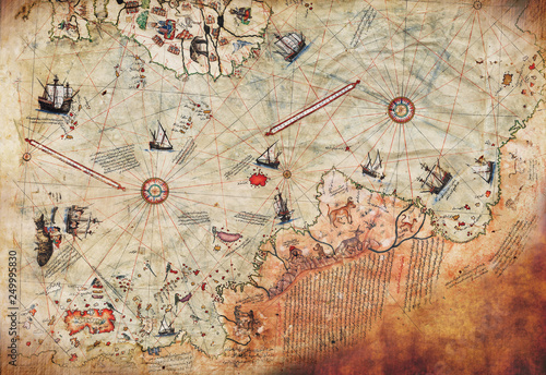 3D Wallpaper design with an old ship of piri reis map for mural print