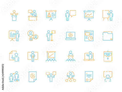Public speech icons. Business presentation instructor classroom meeting seminar conference vector colored symbols. Illustration of conference and seminar, teacher lecture, business speech