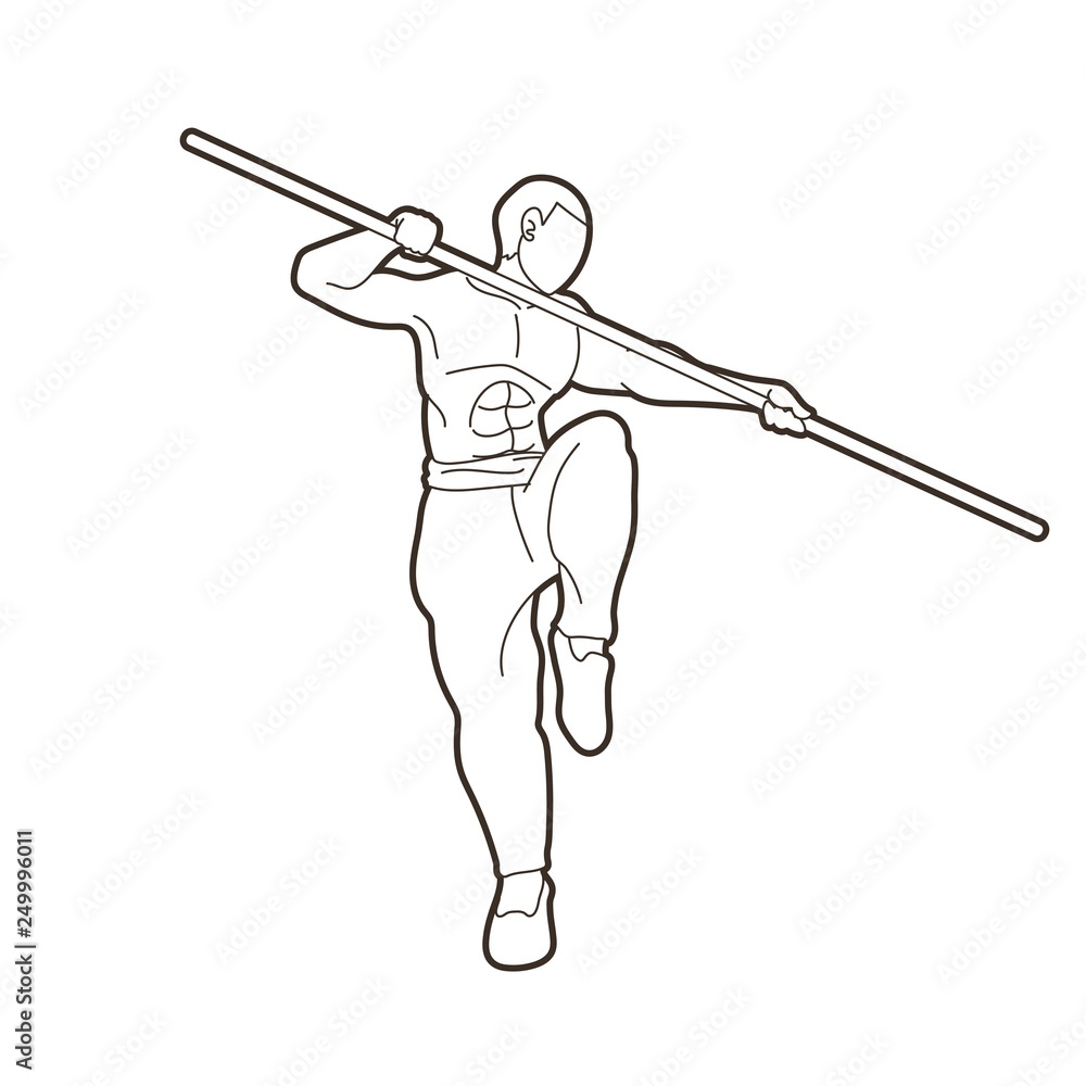 Man with quarterstaff action, Kung Fu pose graphic vector.