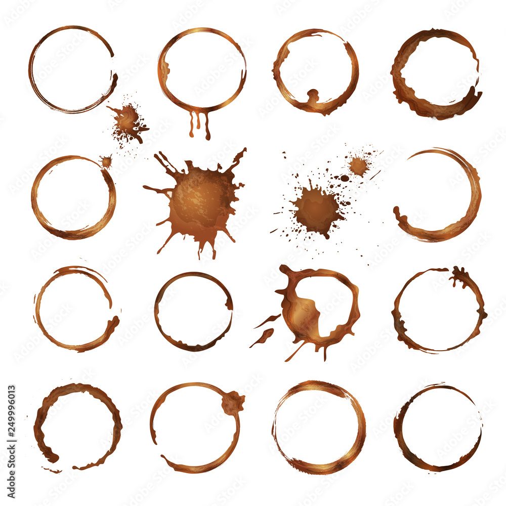Coffee circles. Dirty rings splashes and drops from tea or coffee cup  vector template. Mug coffee stain, dirty and splatter circle from overflow  illustration Stock Vector | Adobe Stock