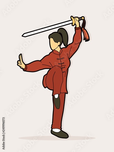 Woman with sword action, Kung Fu pose graphic vector.