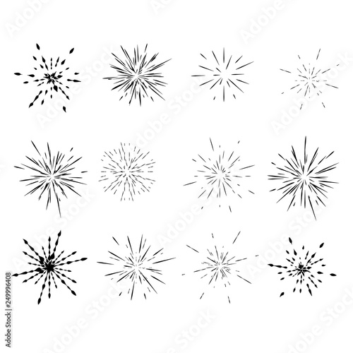 set of different radial explosions  rays  minimalism