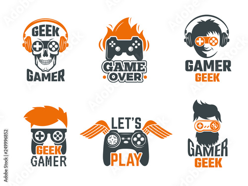 Gamers badges. Joystick video gaming old school labels for smart geek vector template. Logo for game club with joystick controller illustration