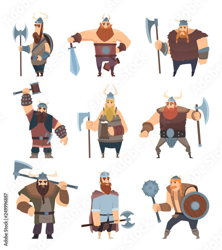Viking cartoon. Mythology of medieval warrior norse people vector characters. Illustration of warrior with beard in helmet, viking with weapon