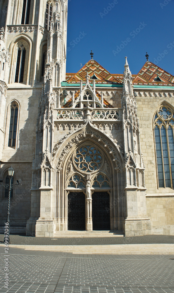 View of the entrance to Matthias church, Buda, sunny day, Budapest, Hungary