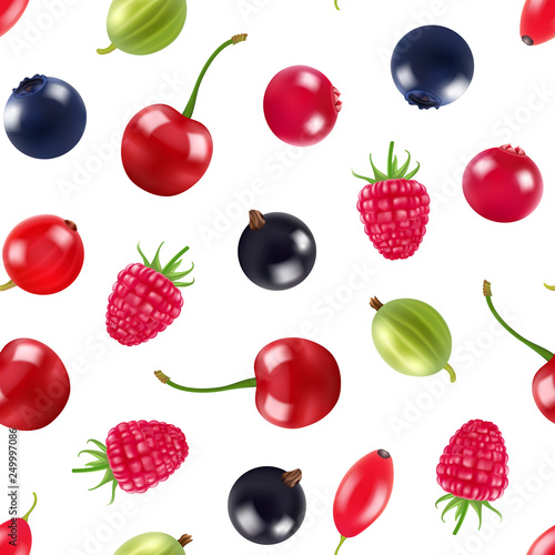 Fototapeta Naklejka Na Ścianę i Meble -  Vector realistic fruits and berries pattern or background illustration. Fruit fresh strawberry and blackberry pattern