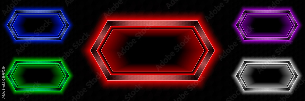 Set of different colors dark hexagonal frames with neon glow. Set of different colors dark hexagonal frames with neon glow.