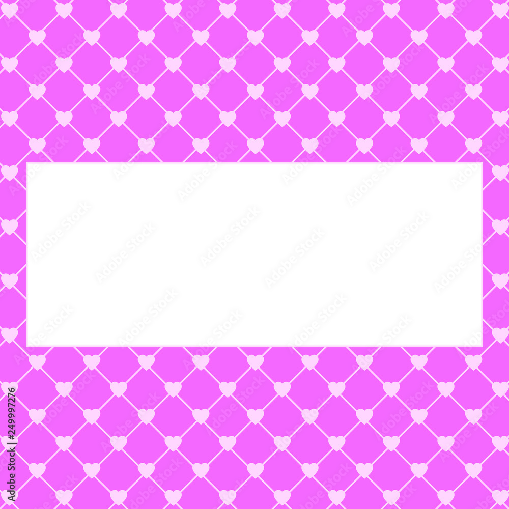 Hearts pattern background with frame for text. Valentine's day and Mother's day greeting card with border - pink, red colors. Banner, invitation or label