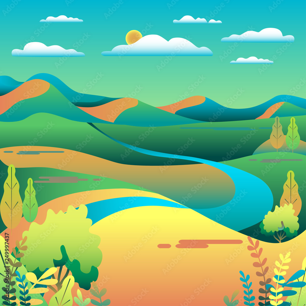Hills and mountains landscape in flat style design. Valley background.  Beautiful green fields, meadow, and blue sky. Rural location in the hill,  forest, trees, cartoon vector illustration Stock Vector | Adobe Stock