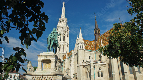 View of the Matthias church and monument, Buda, sunny day, Budapest, Hungary