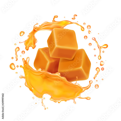 Caramel candies in liquid caramel syrup or honey splash