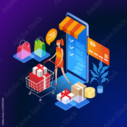 Online shopping isometric concept banner