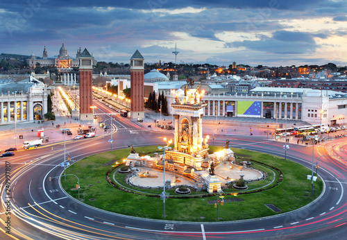 Photography Aerial View on Placa Espanya and Montjuic Hill with National Art Museum of Catal