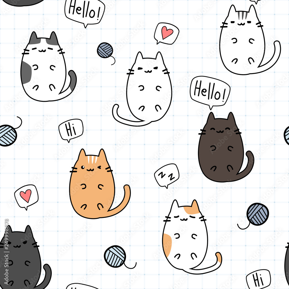 Cute adorable kawaii fat cat kitten laying down on grid cartoon doodle  seamless pattern background wallpaper Stock Vector | Adobe Stock